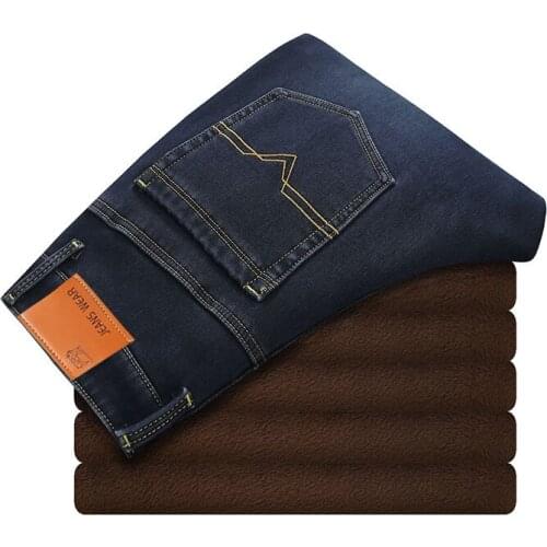 2020 Winter Warm Fleece Business Fashion Thicken Denim Trousers Stretch Jeans Mens Plus Size 40
