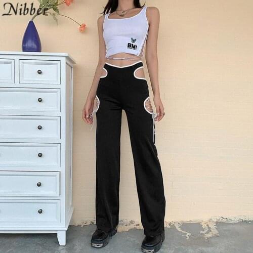 Nibber 2021 Women Side Hollow Out Drawstring Bandage Straigh Harajuk High Waist Pants Y2k Autumn Fashion Casual Loose Streetwear