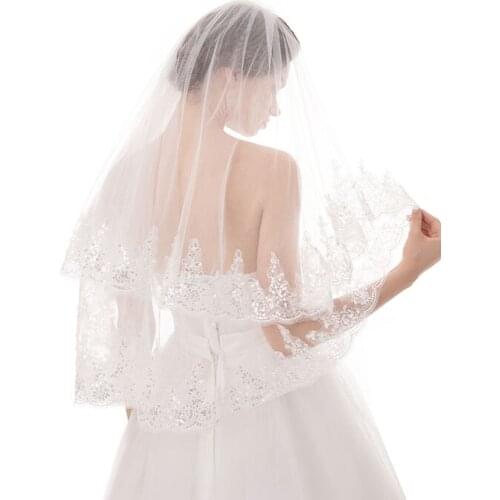 2019 New Arrival Wedding Accessories Two Layer Sequin Lace Edge White Ivory Sequin Lace Wedding Veils Bridal Veil With Comb