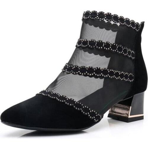 2020 New Spring Summer Matte Leather Rhinestone Mesh Boots Sandals Fashion Elegant Women Sandals Non-slip Wear High Heel Sandals