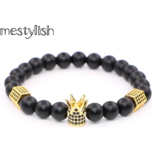 Atolyestone New Geometric Charms Men Women Micro Inlay Zircon Crown Bracelet Natural 8mm Round Stone Beads Bracelets Black CZ