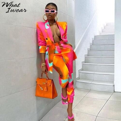 Whatiwear Hipster Office 2 Piece Set Gradient Print Pocket Buttons Suit Collar Shirts+Harem Pant Casual Street Matching Outfits