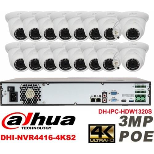 Dahua original 16CH 3MP H2.64 DH-IPC-HDW1320S 16pcs Network camera POE DAHUA DHI-NVR4416-4KS2 Dome CCTV IP security camera kit