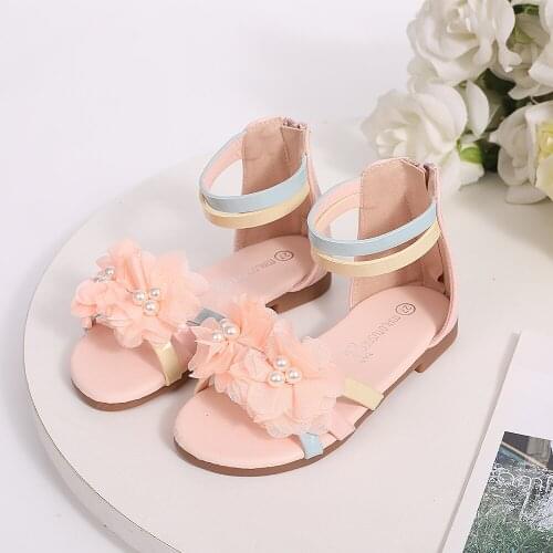 Girls Peep Toe Leather Flat Heel Sandals Flower Girl Shoes With Imitation Pearl Flower