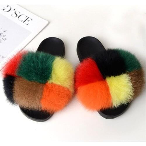 100% Real Fox Fur Slippers Female Fur Slippers Rainbow Shoes Cute Fur Flip Flops Women Travel Furry Shoes L-085