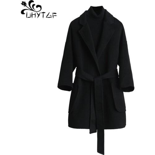 UHYTGF Woolen Women winter jacket outerwear Korean Cardigan fashion Woolen women coat winter warm jacket women belted coat X702