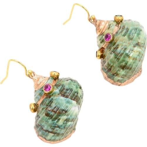 JK Green Sea shell Spiral Cz pave Gold Plated Dangle Hook Earrings