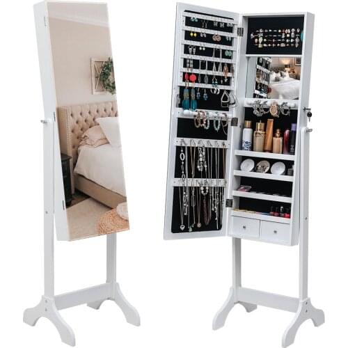 Full Body Dressing Mirror Cabinet Jewelry Storage Box Wooden Floor Standing/Wall&Door Mounted 4-Layer Shelf with 2 Drawer White