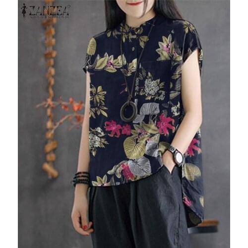 ZANZEA Women Summer Blouse Vintage Floral Printed Tops Casual Short Sleeve Loose Cotton Blusas Bohemian Party Shirt Chemise 2021