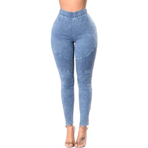 Women Skinny Jeans Leggings Rubber Waistband High Waisted Elastic Denim Pants Solid Push Up Trousers Sexy Bodycon Pencil Pants
