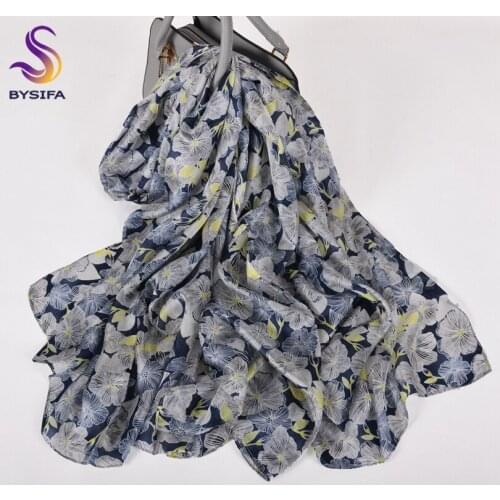 BYSIFA| New Blue Yellow Women Pure Silk Long Scarf Shawl Fashion Elegant Floral Style100% Silk Scarves Wraps Summer Beach Shawls