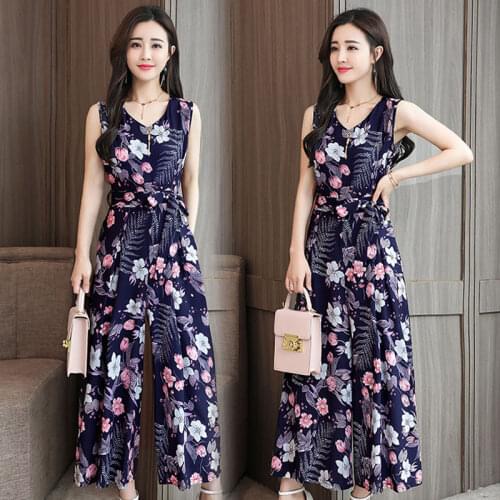 2020 Summer Women Holiday Casual Floral Print O Neck Romper Wide Leg Sleeveless Tie High Waist Elegant Jumpsuit T176