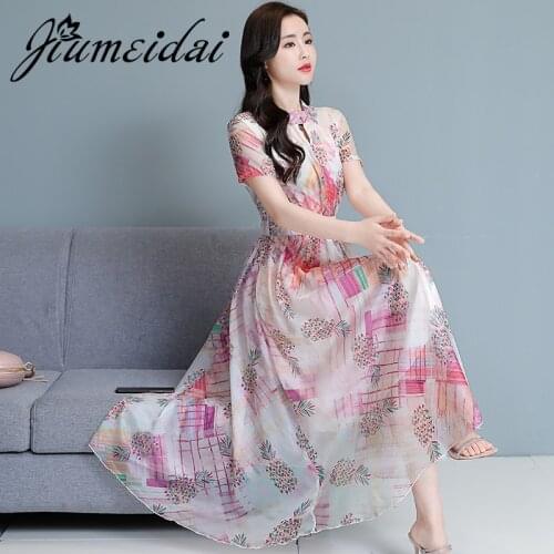 JiuMeiDai 2021 Women Summer Elegant A-Line Chiffon Dress Office Lady Print Robe Femme Vintage Designer Party Clothing Vestidos