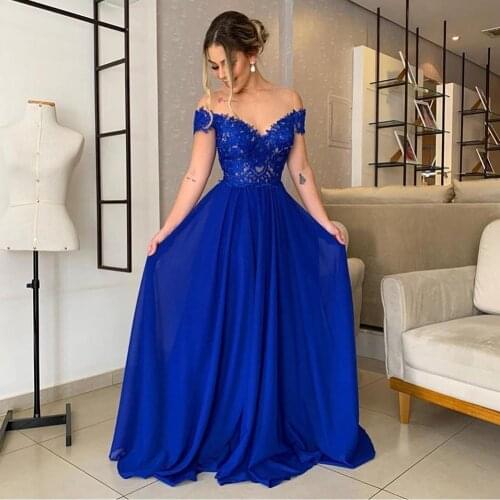 Royal Blue Evening Dresses 2021 A-Line v neck Off Shoulder Lace Appliques Floor Length Women Formal Gowns Special Occasion dress