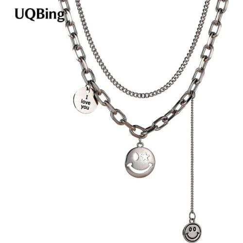 Fashion Vintage Double Layer Link Chain Necklaces Round Coin Letter Smiley Charms Collier 925 Sterling Silver Necklaces