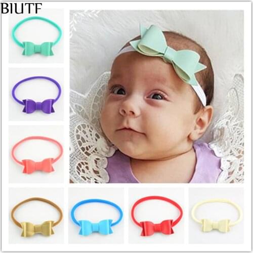 30pcs/lot Newest Soild Nylon Headband with Soft PU Leather Bow girls Stretch Hair Accessories 12 Color FDA219