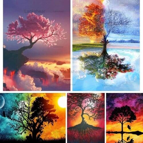 5D Diy Diamond Landscape Tree Embroidery Scenery Mosaic Embroidery Cherry Tree Cross Stitch Kit Home Decor Gift Hobby Craft