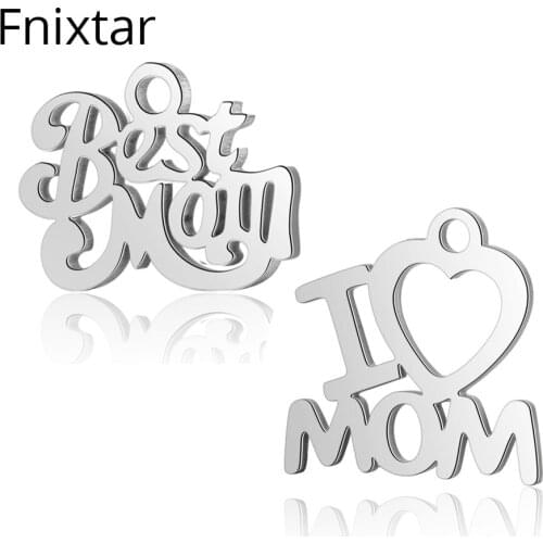 Fnixtar 316L Stainless Steel Mom Heart Letter Metal Pendant for Jewelry Making Bracelet DIY Handmade Accessories Gift 20pcs/lot