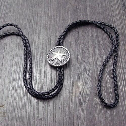 Bolo Tie Gold and silver color The latest retro chain Pentagram round card Poirot led rope leather necklace Long tie hang