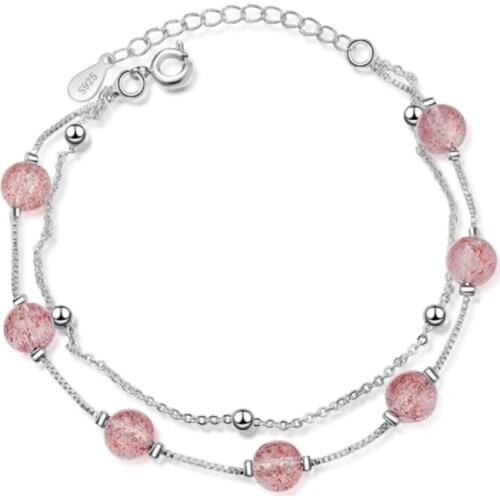 Korean version of the simple and fresh wild girl style double pink crystal female models silver plated bracelets JO036