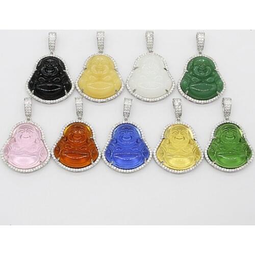 Healing Jewelry Buddha Necklace Stainless Steel Chain Lampwork Glass Stone Pendulum Maitreya Buddha Necklace for Women Men Punk