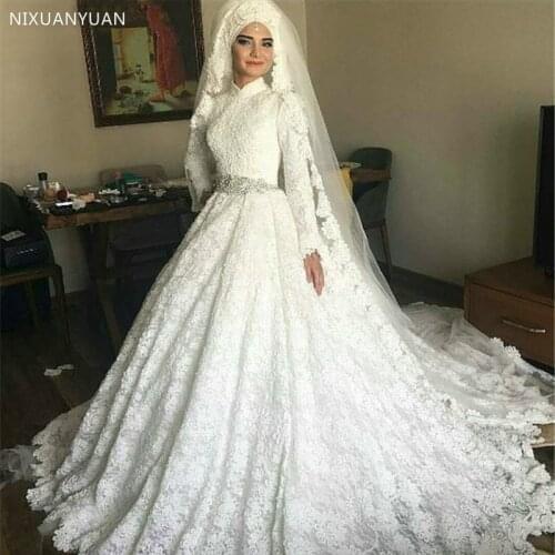 Muslim Wedding Dress 2021 Saudi Arabia Turkey Ball Gown Hand Made Long Sleeve Wedding Gown Lace Bridal Dress Vestido De Noiva