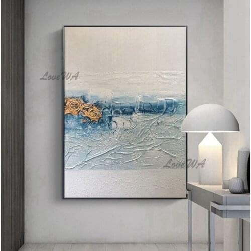 New Arrival The Soft Abstract 100%Handpainted Painting Blue And Golden Texture On Canvas Home Decoration Picture For Living Room