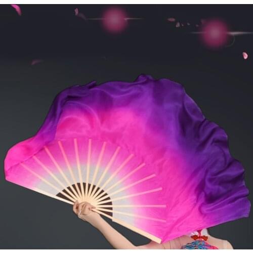New Chinese Classical Yangko Dance Performance Props White-Rose-Purple Gradient Long Silk And Bamboo Double-Sided Dance Fan