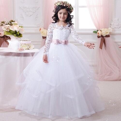 Lon Sleeves Flower Girl Dresses For Weddings Ball Gown Tulle Appliques Lace Bow Long First Communion Dresses For Little Girls