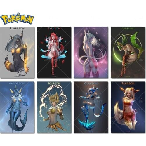 Pokemon Poster Pikachu Mewtwo Sylveon Anime Girl Watercolor Canvas Oil Painting Wall Art Print Living Room Bedroom Home Decor