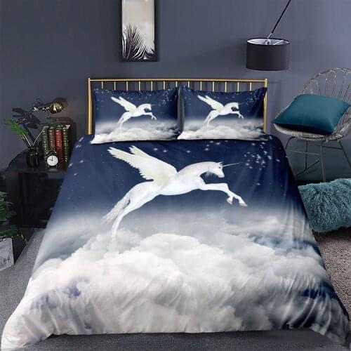 3D Luxury Bedding Set 2/3 Pcs White Quilt Cover Unicorn Printed Duvet Cover Pillowcase Single Twin Queen Double King Full Size