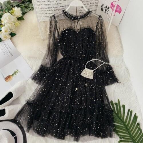 WEIHAOBANG 2021 Women Prom Star Shiny Sequins Gauze Dresses Flare Sleeve Lace-up Princess Dress Female Elegant Mesh Puff Dresses