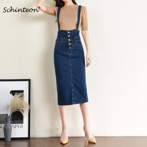 Schinteon Women Long Denim Skirt With Straps Button Jeans Suspender One Step Split Pencil Skirt High Waist Plus Size S-9XL