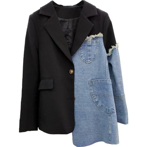 Spring New Women Stitching Denim Jacket Loose Casual Ladies Office Coat Contrasting Color Design Suits Outerwear Female Clothes