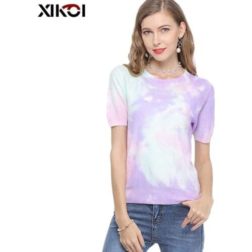 XIKOI Summer Women Oversized Purple T-shirt Knitted Short Sleeves O-neck Pullovers Jumper Computer Knitted Sweaters Multicolor