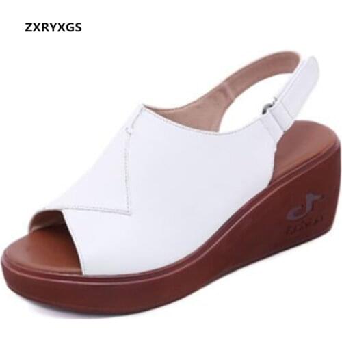 2021 New Fish Mouth Summer Genuine Leather Sandals Thick-soled Wedges Sandals Fashion Shoes Women Sandal Shoes Shoes Size 33-43