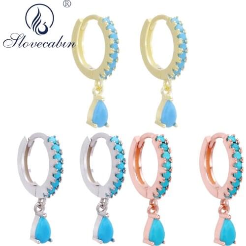 Slovecabin 925 Sterling Silver Water Drop Dangle Turquoise Huggies Hoop Earrings For Women Vintage Silver 925 Engagement Jewelry