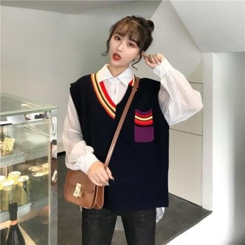Korean Style Vest Women Striped V-Neck 2020 Daily Knitted Stylish Students Sleeveless Outwear Female Coats All-match Outwear
