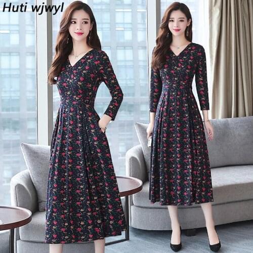 Plus Size 2021 Autumn Winter New Floral Midi Dresses Women Elegant Korean Bodycon V-Neck Dress Party Long Sleeve Maxi Vestidos