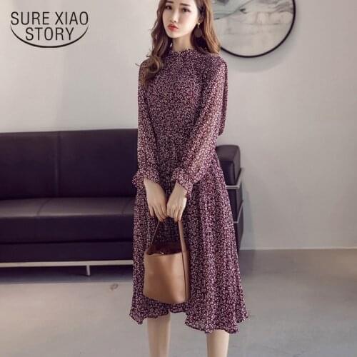 Korean Style Women Dress 2020 Autumn Floral Print Empire Pleated Chiffon Dresses Flare Sleeve Stand Collar Vestidos New 8634
