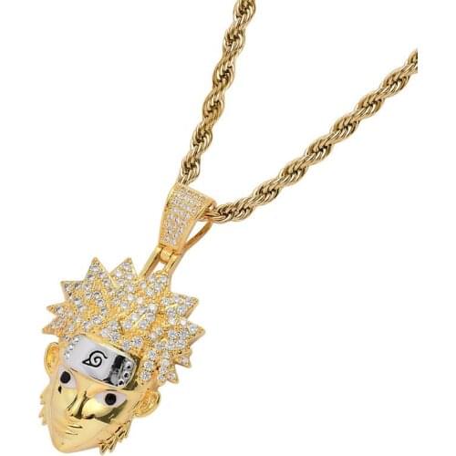 Gold Uchiha Sasuke Pendant Cubic Zircon Iced Out Chain Necklaces Hip Hop Jewelry Statement Necklaces For Male Women Gifts