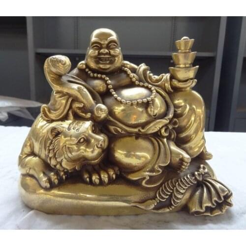 10" China Brass RuYi Wealth YuanBao Coin Happy Maitreya Buddha Ride Tiger Statue