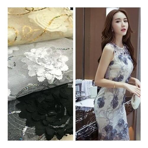 135*100cm golden white black sequined 3D flower Wedding bridal Lady Dress Applique DIY Embroidered Lace Fabric Patch curtain