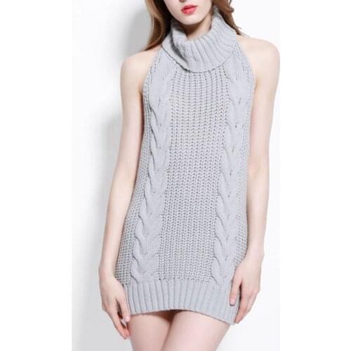 Fashion Pullovers Knitted Sweaters Sexy Backless Sleeveless Turtleneck Sweaters for Daily Wear Autumn Womens Tops Grey
