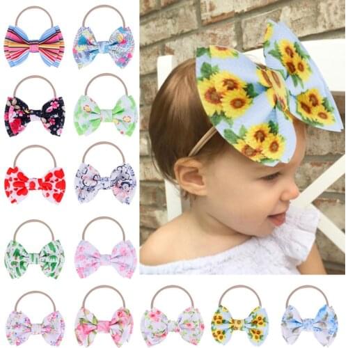 4.5" Textured patterned bows with Thin Nylon Headbands Baby Girls Flamingo/Sunflower/Cactus/Rainbow Print Headbands 36pcs/lot