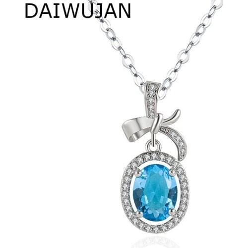 DAIWUJAN Korean Luxury Oval Blue Crystal Pendant Necklaces For Women Silver 925 Jewelry Bowknot Topaz Clavicle Chain Necklaces