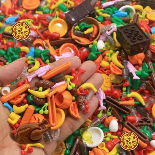 MOC Parts Foods Friends Figure Fruit Bread Pizza Fish Accessories Set Lot City Building Blocks DIY Bricks Toys For Girls Boys