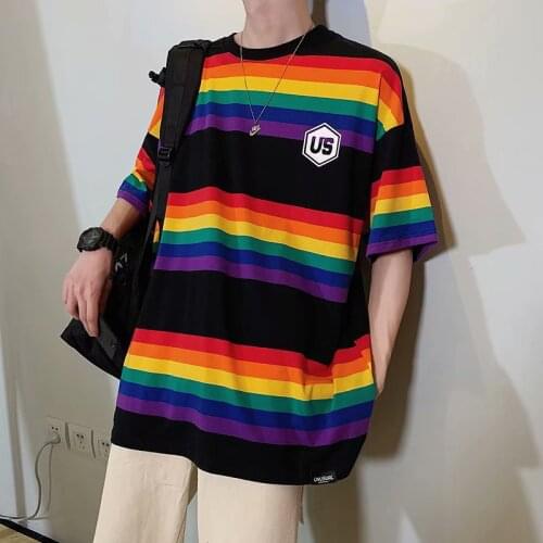 100% Cotton Color Stripe Top Short-sleeved T-shirt Mens Shirt Loose Street Oversized T-shirt Five-point Sleeve Half Sleeve XXL