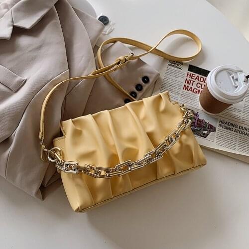 Folds Design Trendy PU Leather Crossbody Shoulder Bag For Women 2021 Summer Yellow Color Small Cute Handbags And Purses Chain