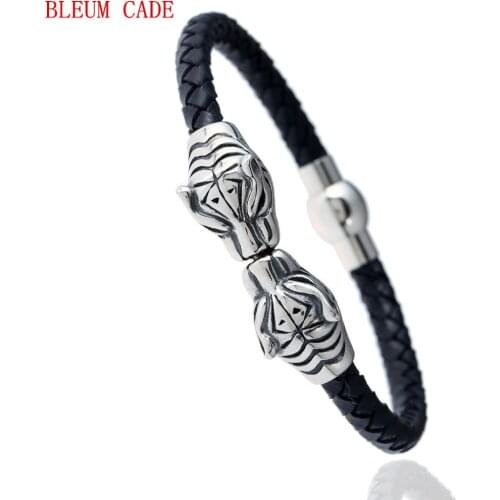 Mens Tiger Head Bracelets Stainless Steel Tiger Head Braided Black Leather Wristbands Clasp Jewelry 8.8 Inch